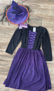 Karnevalový kostým šaty + klobouk čarodějnice vel. 7-10 let